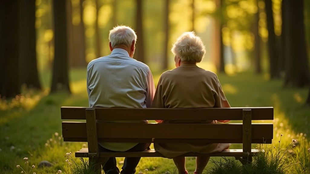 Pensionärid istuvad puhkusele puusel metsa servas, jalutuse keskel peatusel
